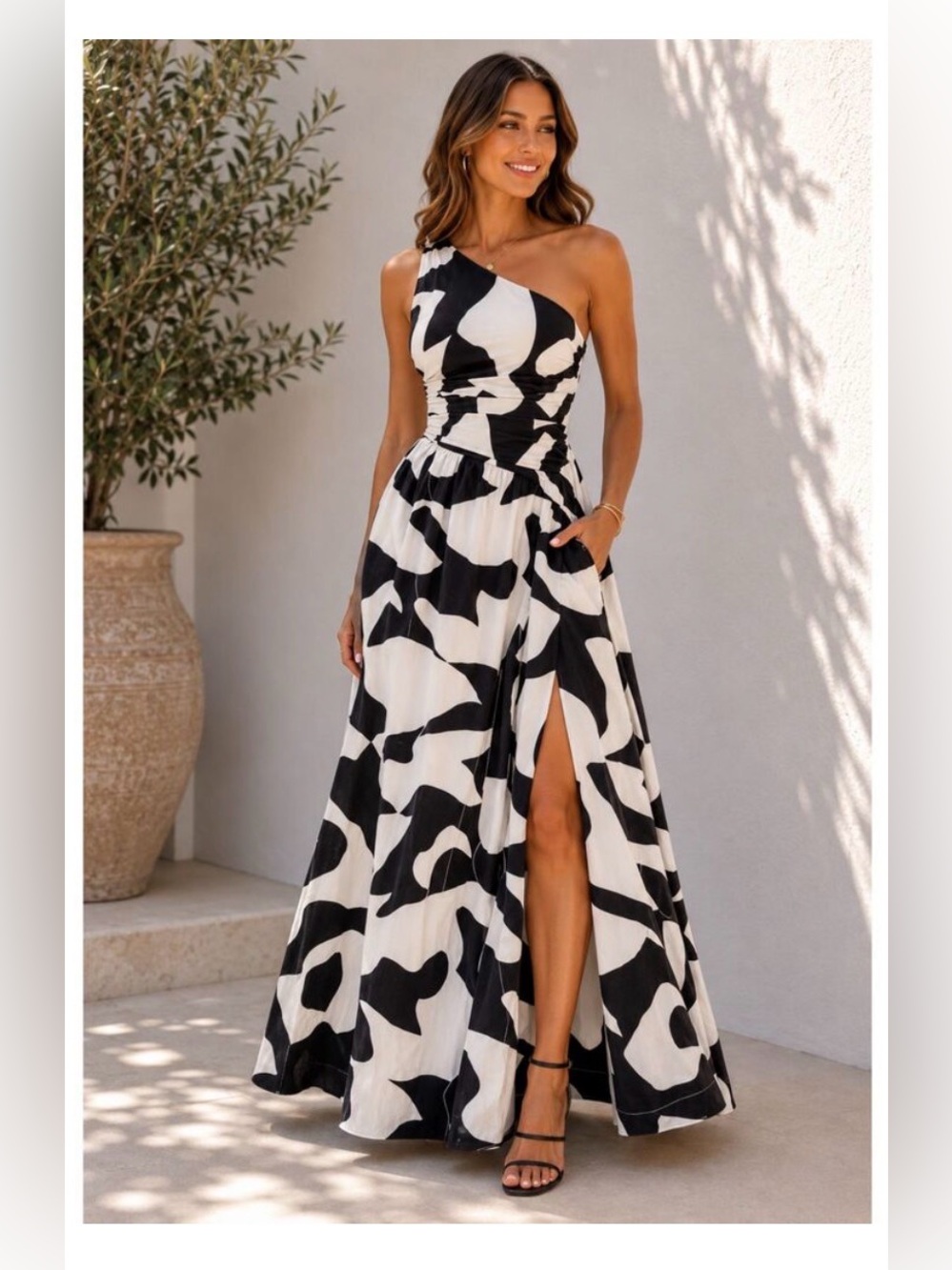Abercrombie Fitch One Shoulder Cutout Maxi Dress Pockets NWOT M Black White